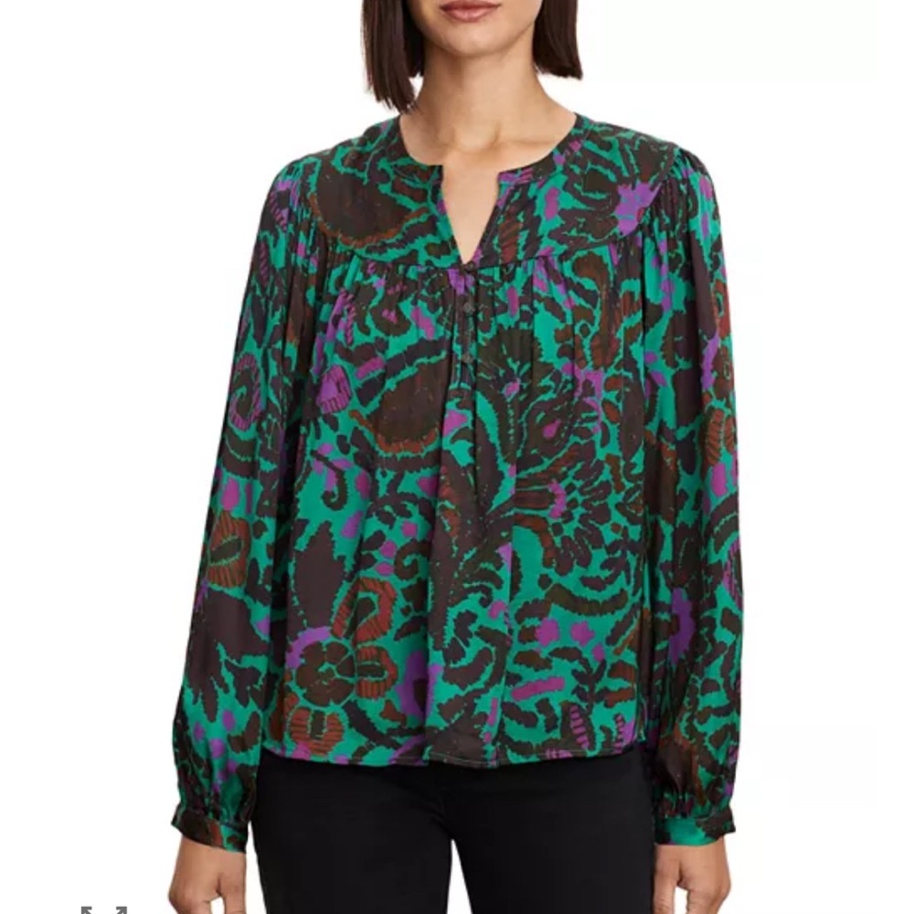 Velvet by Graham & Spencer Green Purple Boho Floral Peasant Blouse XS